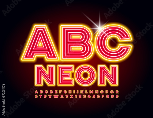 Vector Neon Alphabet. Trendy creative Yellow and Pink Font. Electric Glowing maze Letters and Numbers