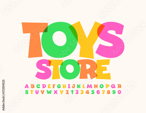 Vector playful emblem Toy Store. Colorful cartoon Font. Bright creative Alphabet Letters and Numbers