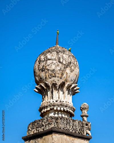 Parrots sitting on the side pillars of Golghumbaj-the mausoleum of king Mohammed Adil Shah, Sultan of Bijapur. photo