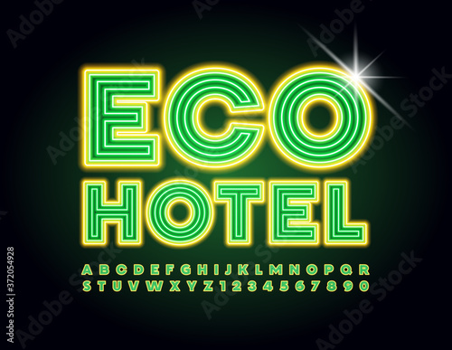 Vector Neon banner Eco Hotel. Green and Yellow maze Font. Electric creative Alphabet Letters and Numbers