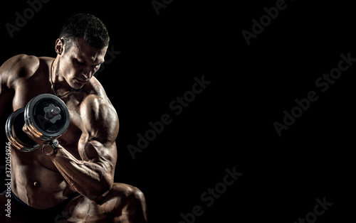 man bodybuilder, perform exercise with dumbbell