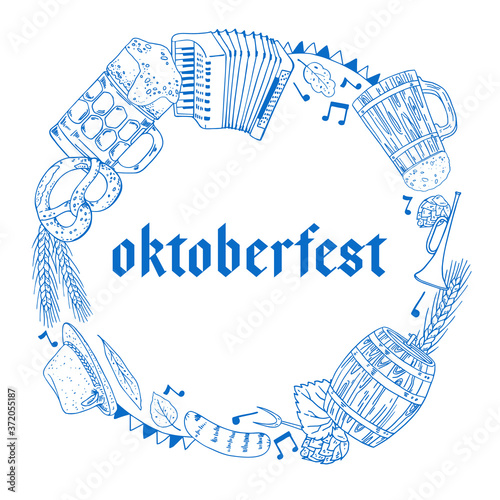 Oktoberfest round frame design template. Mugs, food, music instruments. Hand drawn outline vector sketch illustration