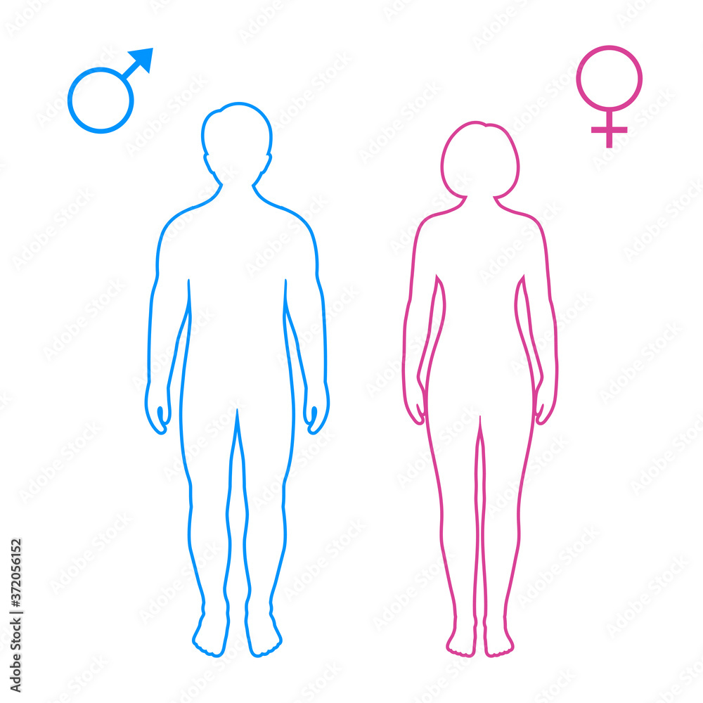 pink and blue silhouettes of man and woman with symbols on white background pink and blue silhouettes of man and woman with symbols on white background
