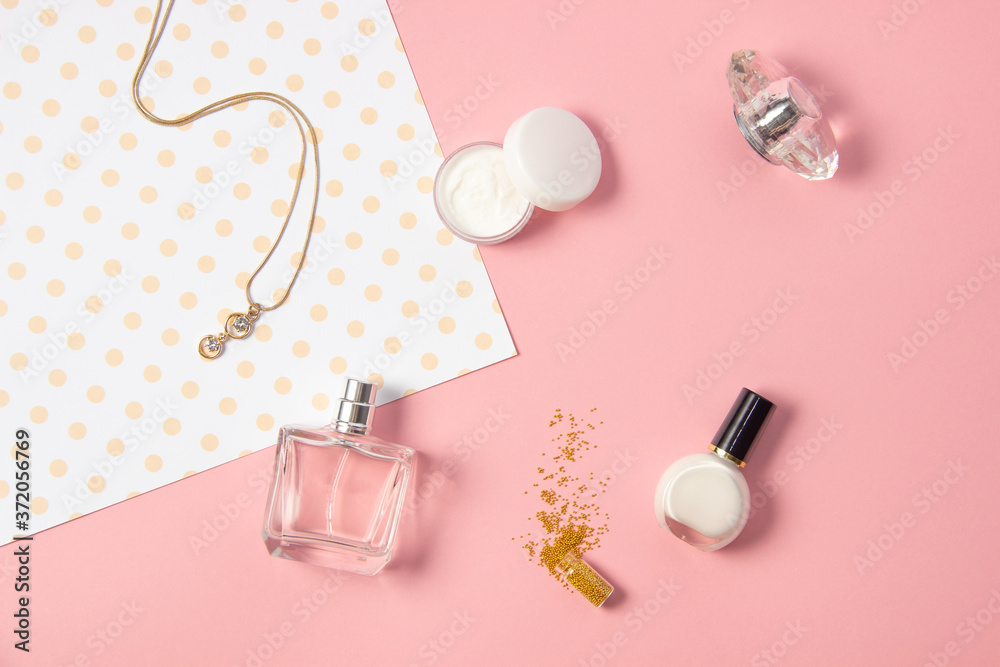 Blogging Beauty Concept. Flat lay, social networks. View from above. Women's fashion accessories on a pink background. Blogging Beauty Concept. Flat lay, social networks. View from above. Women's fashion accessories on a pink background.