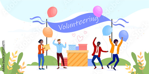 Vector illustration concept of volunteering. Happy volunteers give presents to people at holiday