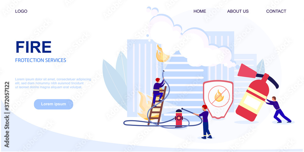 Vector illustration concept of fire protection service. Firefighters wearing uniform is extinguishing fire in building