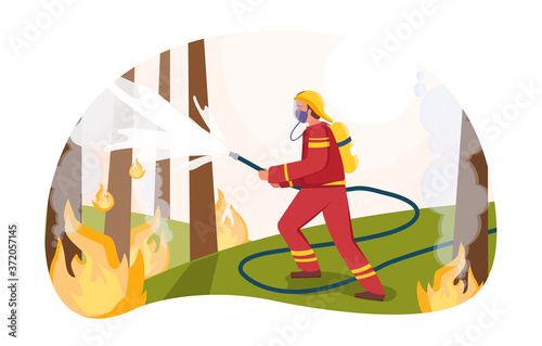 Vector illustration concept of fire protection. Firefighter wearing uniform is extinguishing fire in forest
