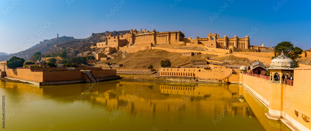 Amber Fort built of Red Sandtsone & Marble in artistic Hindu style elements at Jaipur. Amer Fort is a primary tourist attraction & UNESCO World Heritage site in 'Hill forts of  Rajasthan, India'.