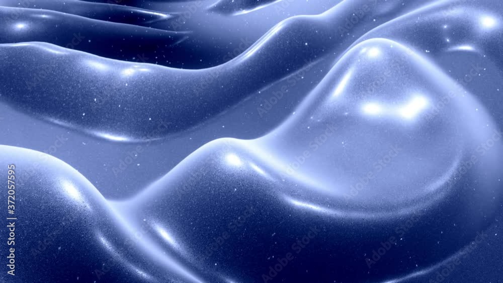 Stylish festive black bg. Fantastical abstract looped background, waves move on glossy surface like landscape made of liquid blue wax with sparkles. Beautiful soft background with smooth animation 4k