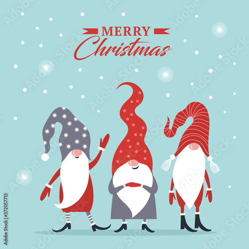 Christmas greeting card. Happy New Year. Merry Christmas. Cute Gnomes in hats. Seasons Greetings.

