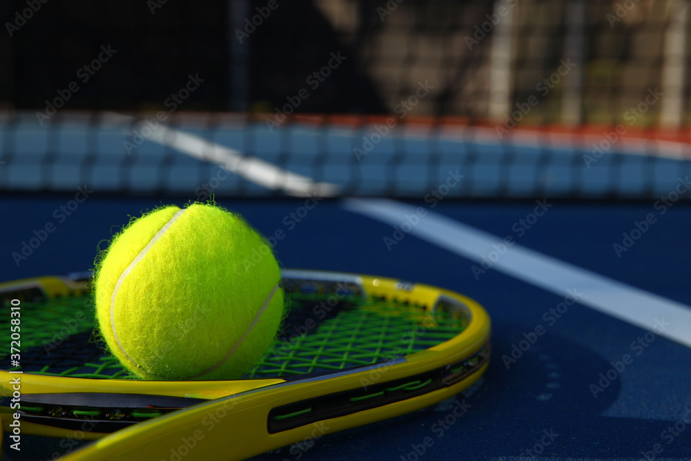 Tennis ball on racket sitting by the net