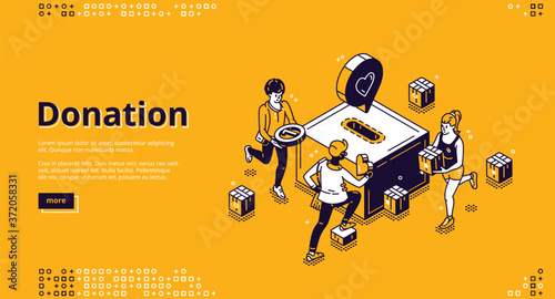 Donation and charity isometric landing page. People put coins into huge money box slot. Volunteering and social help concept, solidarity and foundation aid, philanthropy 3d vector line art web banner