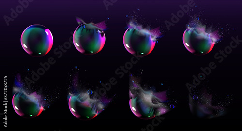 Soap bubble burst sprites for game or animation. Vector storyboard of realistic water sphere explosion with splash and drops. Set of sequence explode of glossy rainbow bubble