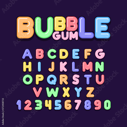 Bubble Gum font, alphabet, letters and numbers. flat style