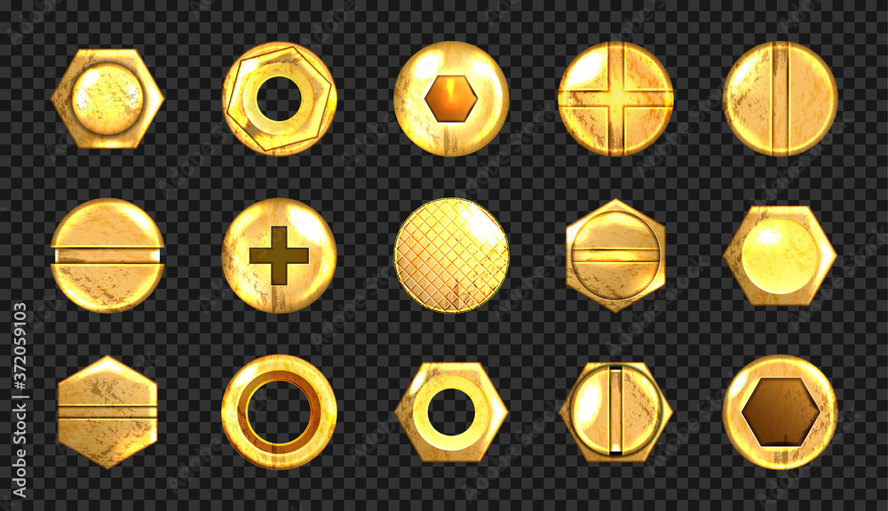 Old screw and nail heads set, golden metal bolts, grunge rusty rivets hardware yellow caps with grooves and holes top view isolated on transparent background. Realistic 3d vector illustration, icons