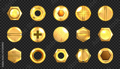 Old screw and nail heads set, golden metal bolts, grunge rusty rivets hardware yellow caps with grooves and holes top view isolated on transparent background. Realistic 3d vector illustration, icons
