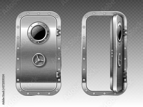 Metal door with porthole, submarine or bunker close and open entrance. Ship, spacecraft or secret laboratory steel bulletproof doorway with illuminator and rotary valve lock wheel realistic 3d vector