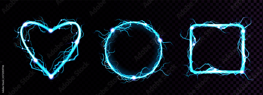 Electric lightning frames in shape of circle, heart and square. Digital glowing neon borders. Vector realistic set of blue sparking discharge isolated on transparent background - obrazy, fototapety, plakaty 