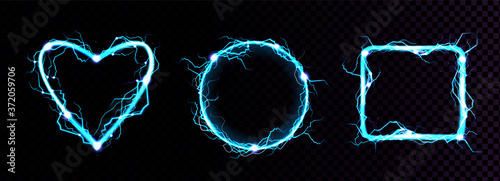 Electric lightning frames in shape of circle, heart and square. Digital glowing neon borders. Vector realistic set of blue sparking discharge isolated on transparent background