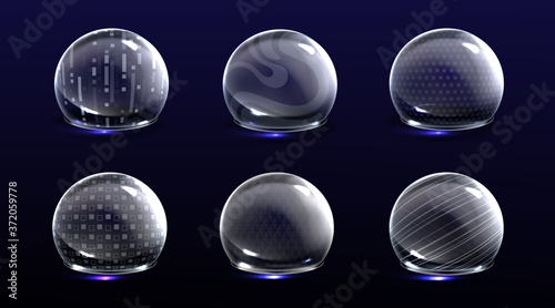 Force shield bubbles, energy glowing spheres or defense dome fields. Science fiction various deflector elements, firewall absolute protection isolated on blue background, Realistic 3d vector set