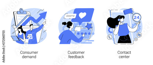 Customer relationship management abstract concept vector illustration set. Consumer demand, customer feedback, contact center, retail marketing, user support, market research abstract metaphor.