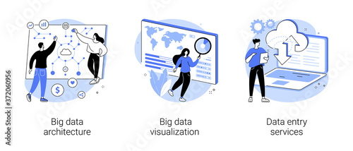 Information storage infrastructure abstract concept vector illustration set. Big data architecture, big data visualization, data entry services, business intelligence, outsource abstract metaphor.