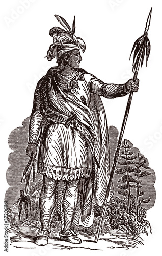 Metacom King Philip, historic Native American Wampanoag chief in full body view, holding spear and peace pipe, after antique engraving