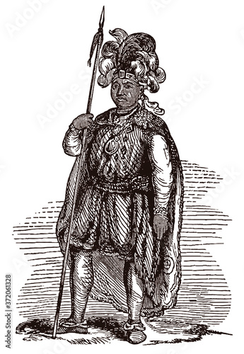 Thayendanegea or Joseph Brant, the historic Mohawk chief in full body view, holding a spear and wearing a cape. Illustration after an antique engraving photo