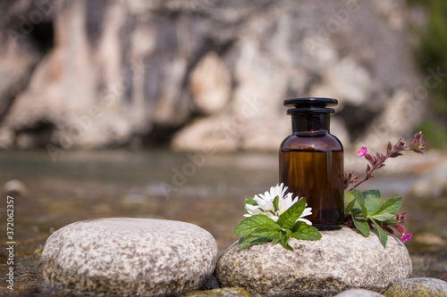 Bottles of healthy tincture or infusion, medicinal herbs on the stone. Herbal medicine.