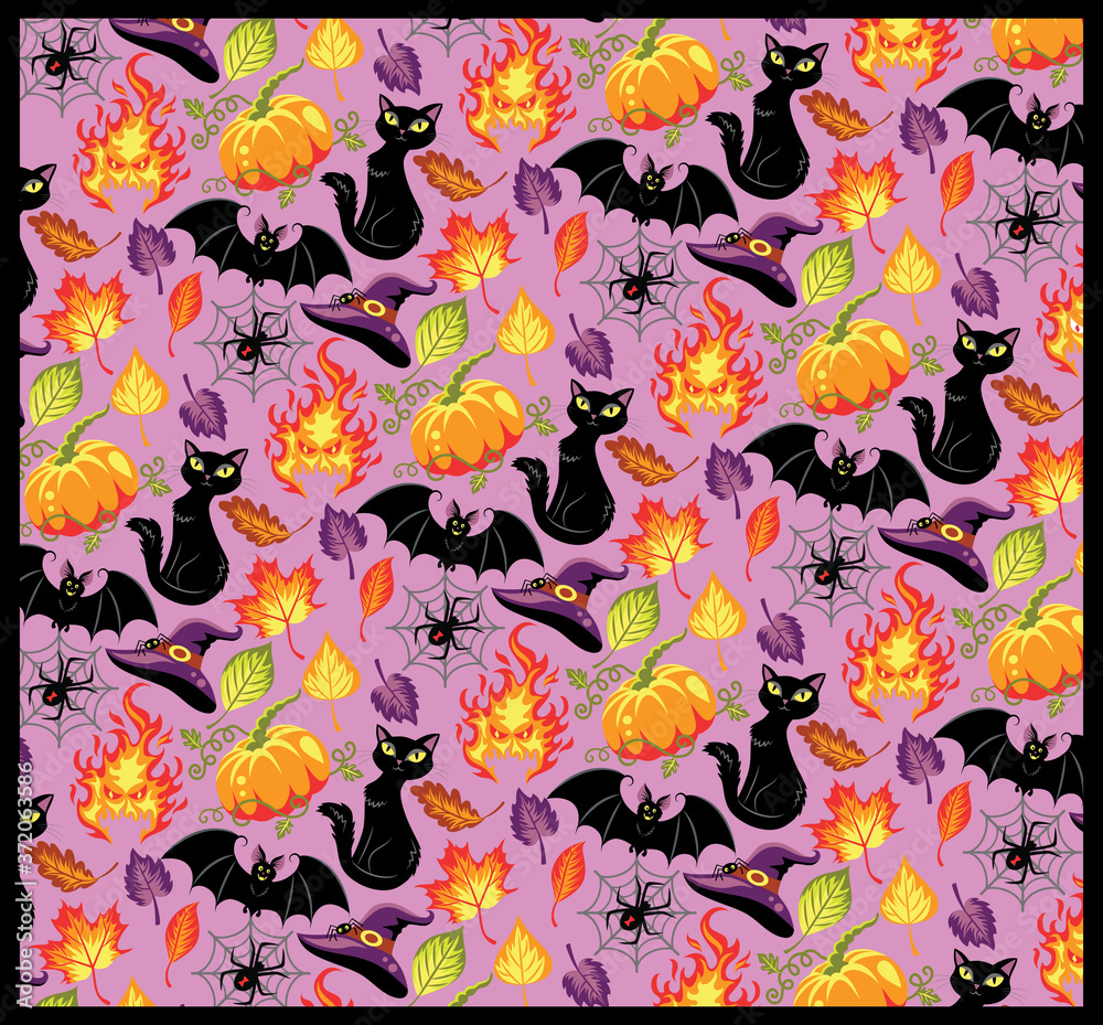 Seamless pattern for Halloween with cartoonish details. Purple background.