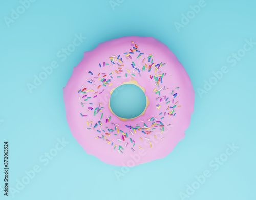 donut with pink glaze, sweet doughnut on blue background, 3d render