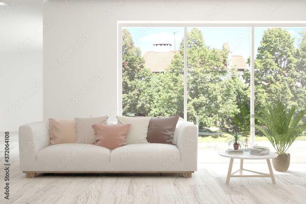Fototapeta premium White living room with sofa and summer landscape in window. Scandinavian interior design. 3D illustration