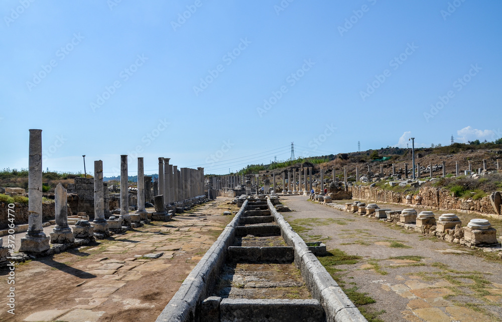 The Colonnaded street in the ruins of the ancient greek city of Perge, Pamphylia, Antalya Province, Turkey