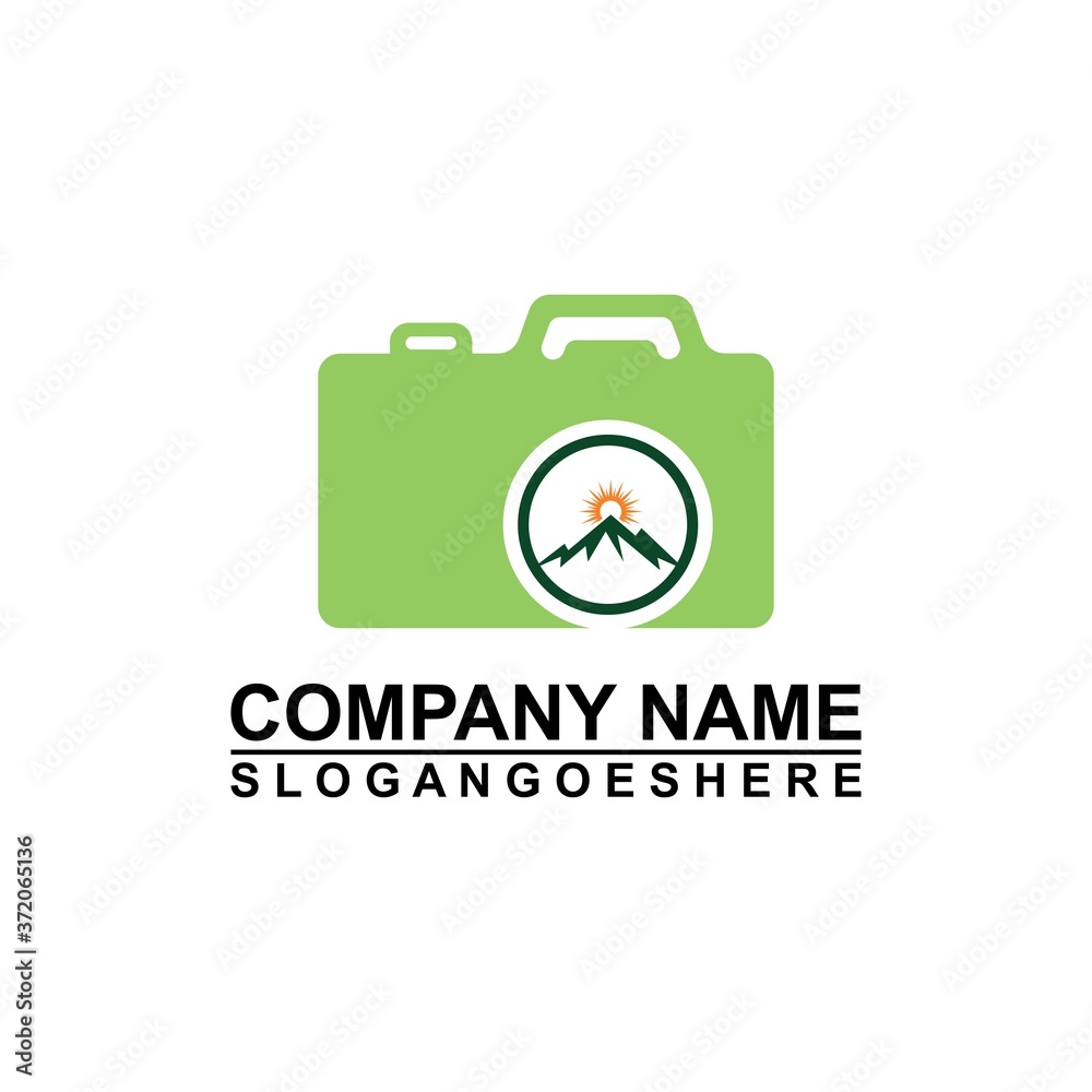 Logo photo camera and mountain, digital version nature creative symbol concept. Logo Outdoor adventure and logo Mountain tourism, hiking