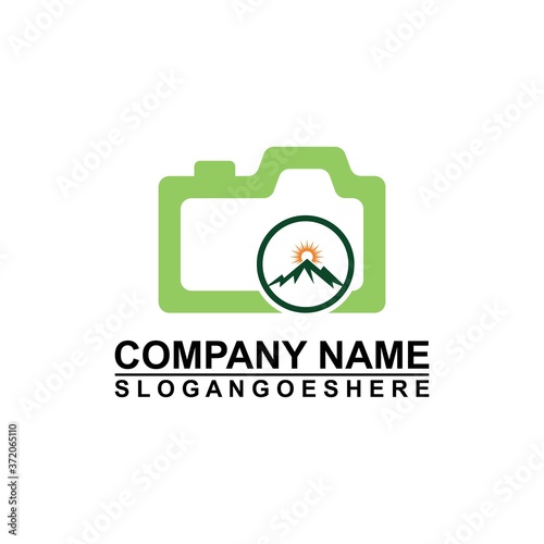 Logo photo camera and mountain, digital version nature creative symbol concept. Logo Outdoor adventure and logo Mountain tourism, hiking