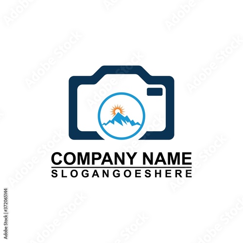 Logo photo camera and mountain, digital version nature creative symbol concept. Logo Outdoor adventure and logo Mountain tourism, hiking