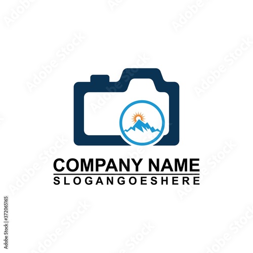 Logo photo camera and mountain, digital version nature creative symbol concept. Logo Outdoor adventure and logo Mountain tourism, hiking