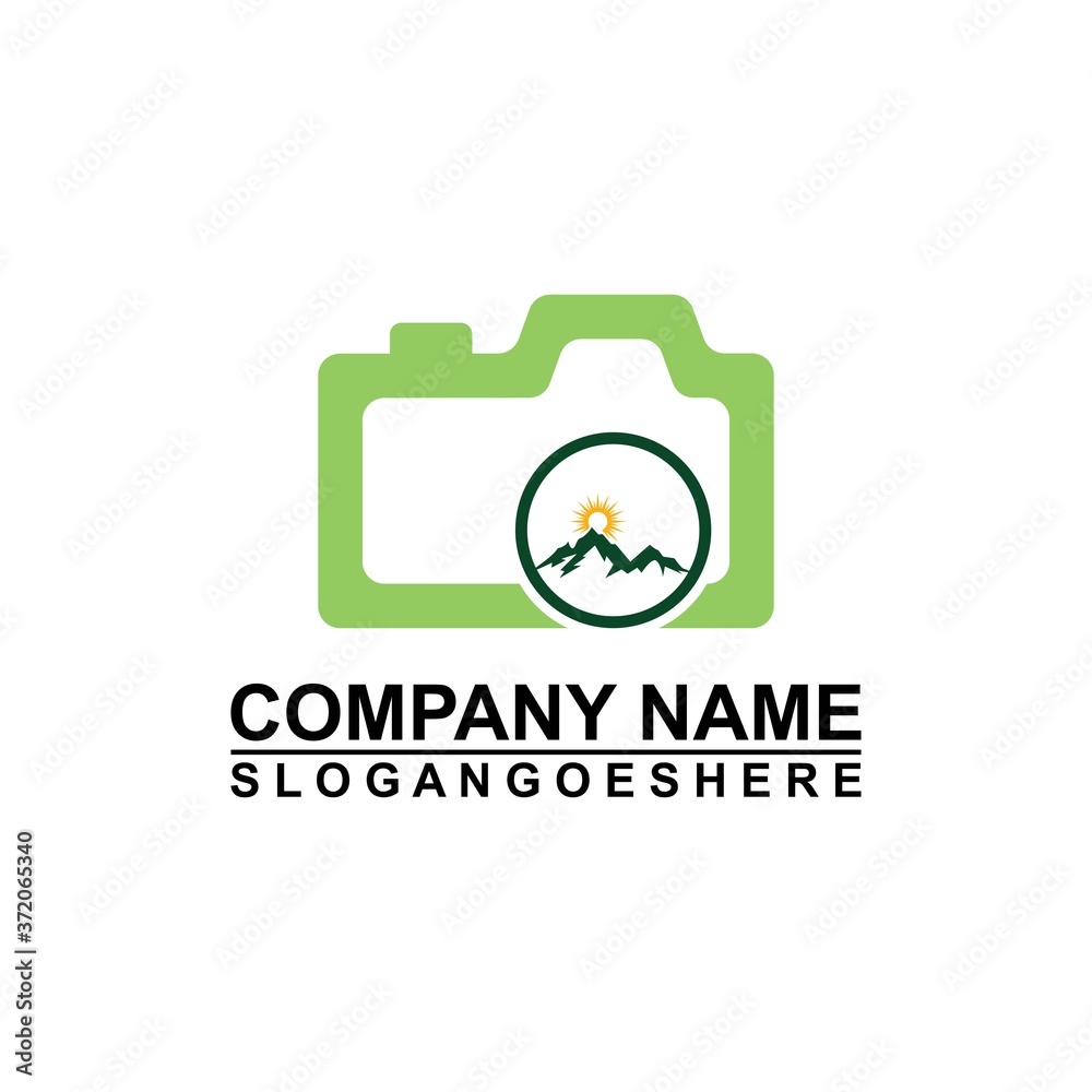 Fototapeta premium Logo photo camera and mountain, digital version nature creative symbol concept. Logo Outdoor adventure and logo Mountain tourism, hiking