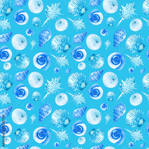 Watercolor seamless patterns with blue seashells on a blue background. Perfect for postcards, patterns, banners, posters, nautical wallpapers, gift wrapping or clothing prints