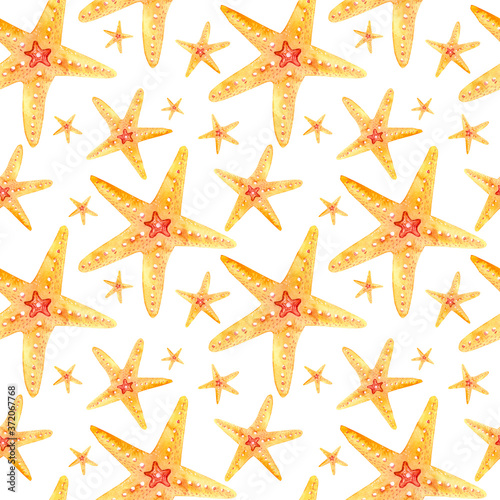 Watercolor seamless patterns hand-drawn with orange starfishes on a white background. Perfect for postcards, patterns, banners, posters, nautical wallpapers, gift wrapping or clothing prints
