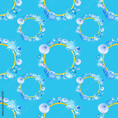 Watercolor seamless patterns hand-drawn with a wreath of blue seashells on a blue background. Perfect for postcards, patterns, banners, posters, nautical wallpapers, gift wrapping or clothing prints
