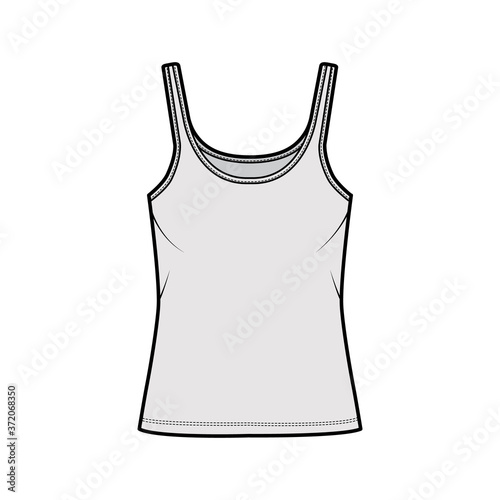 Cotton-jersey tank technical fashion illustration with scoop neck, relaxed fit, tunic length. Flat outwear basic camisole apparel template front, grey color. Women men unisex shirt top CAD mockup