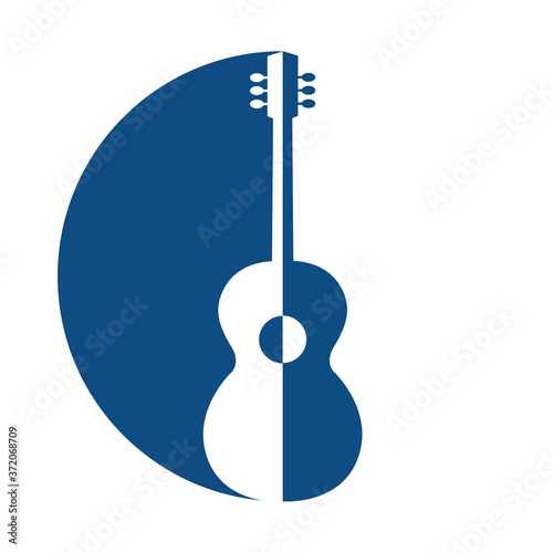 Blue emblem with a silhouette of a guitar. A symbol of instrumental music and art. Vector isolated illustration.