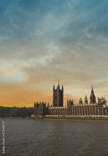 The Palace of Westminster along the banks of the Thames in central London, UK.
