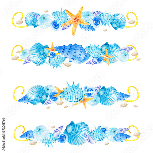 Watercolor clipart compositions for decoration with blue sea shells, orange starfish and snails on a white background. Marine composition. Illustrations for postcard design template hand-drawn