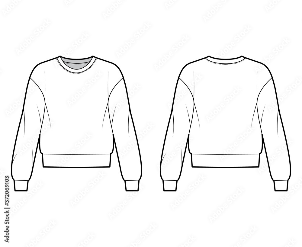 Cotton-terry sweatshirt technical fashion illustration with relaxed fit,  crew neckline, long sleeves. Flat outwear jumper apparel template front,  back, white color. Women, men, unisex top CAD mockup Stock Vector | Adobe  Stock