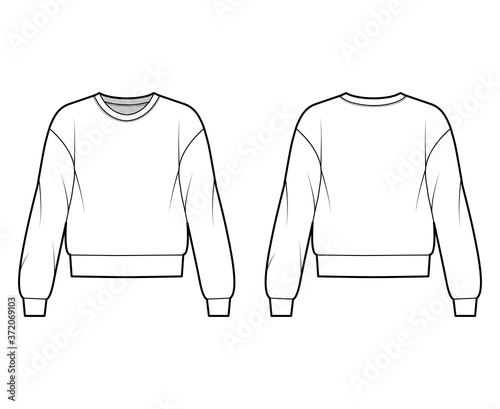 Cotton-terry sweatshirt technical fashion illustration with relaxed fit, crew neckline, long sleeves. Flat outwear jumper apparel template front, back, white color. Women, men, unisex top CAD mockup