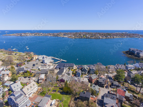 Aerial view of historic Marblehead town center and Marblehead harbor  Marblehead  Massachusetts MA  USA.