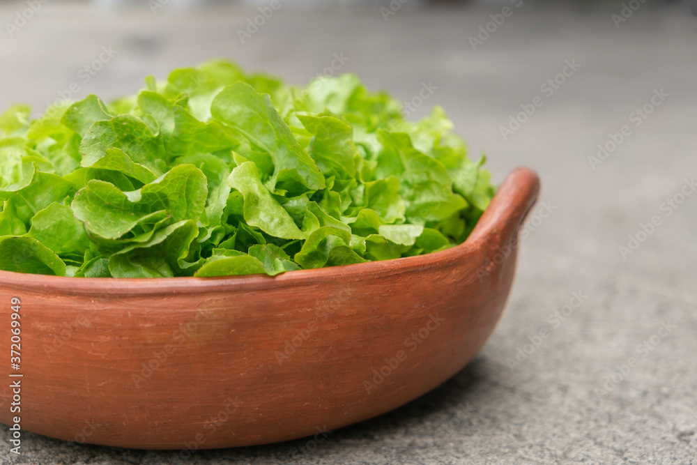 brown bowl with fresh lettuce viewed from side, gray background