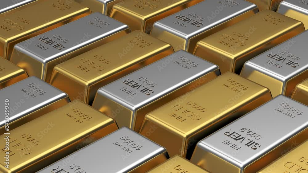 3D animation of the rotation of rows of gold and silver bars. 4K resolution.